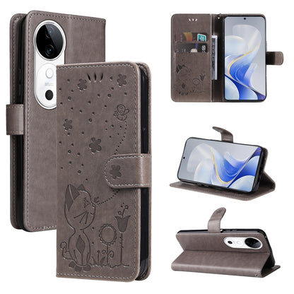 Cat and Bee Embossed Flip Leather Phone Case, For vivo V40 5G, For vivo Y28 4G