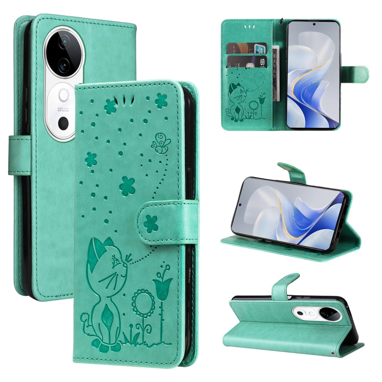 Cat and Bee Embossed Flip Leather Phone Case, For vivo V40 5G, For vivo Y28 4G