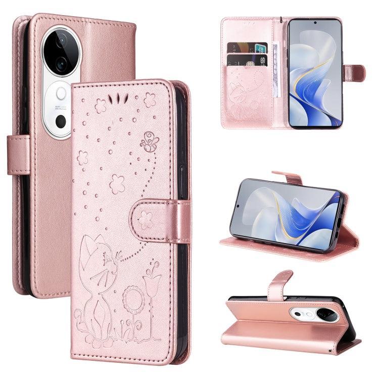 Cat and Bee Embossed Flip Leather Phone Case, For vivo V40 5G, For vivo Y28 4G