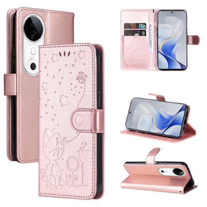 Cat and Bee Embossed Flip Leather Phone Case, For vivo V40 5G, For vivo Y28 4G