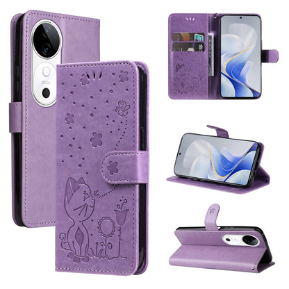 Cat and Bee Embossed Flip Leather Phone Case, For vivo V40 5G, For vivo Y28 4G