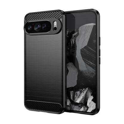 Black carbon-fiber style TPU phone case with camera cutouts and textured back