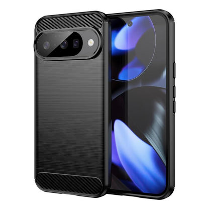 Black TPU phone case with carbon fiber brushed texture, camera cutout and raised bezel.