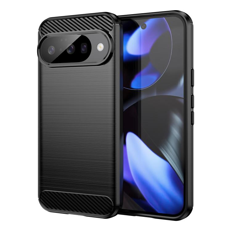 Black TPU phone case with carbon fiber brushed texture, camera cutout and corner protection.
