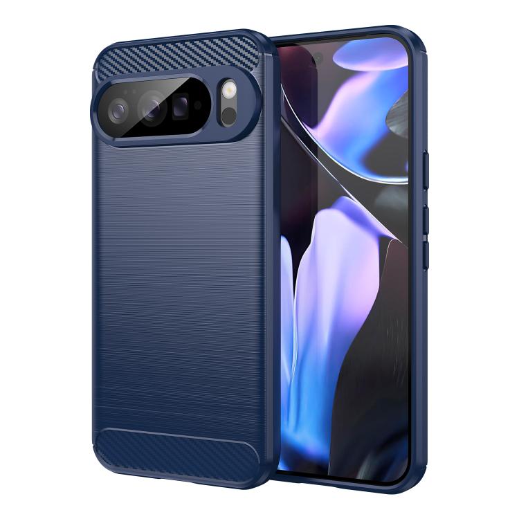Blue TPU phone case with carbon fiber brushed texture, camera cutout and protective corners.