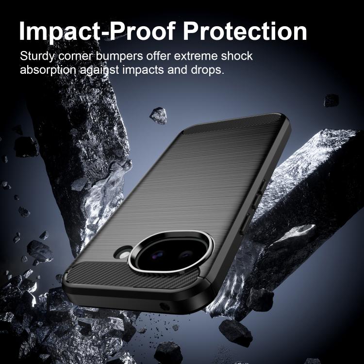 Black carbon-fiber textured TPU phone case with raised corners around camera