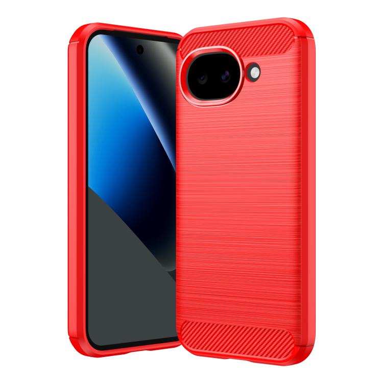 Red TPU phone case with carbon-fiber brushed texture and raised camera cutout