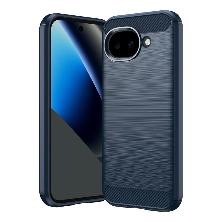 Blue-gray TPU phone case with carbon-fiber brushed texture and camera opening