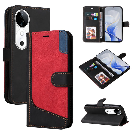 Three-tone leather phone case with folio wallet; black and red panels with card holder.