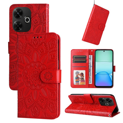 Sunflower-embossed leather phone case, red folio wallet with card slots and stand