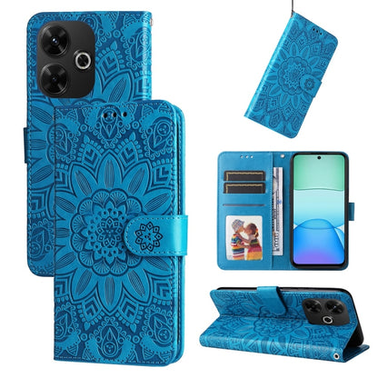 Sunflower-embossed leather phone case, blue folio wallet with card slots and stand