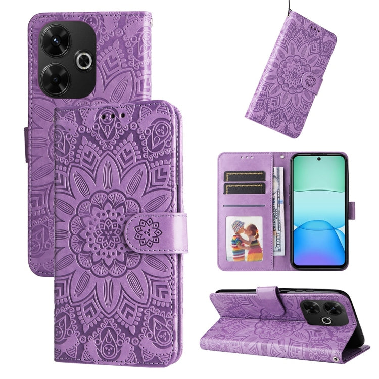 Sunflower-embossed leather phone case, lavender purple folio with card slots and stand
