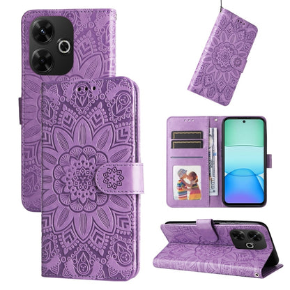 Sunflower-embossed leather phone case, lavender purple folio with card slots and stand