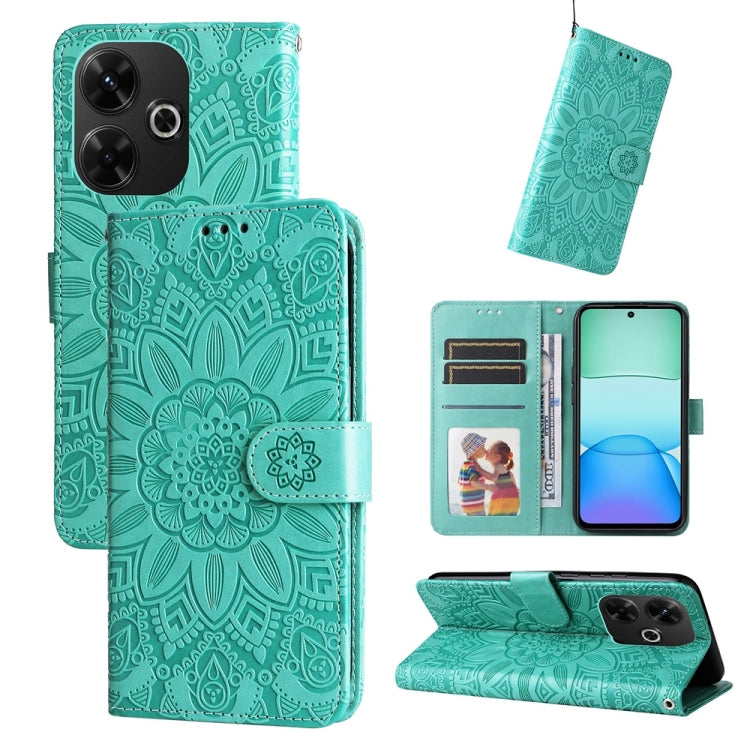 Sunflower-embossed leather phone case, teal green folio wallet with card slots and stand