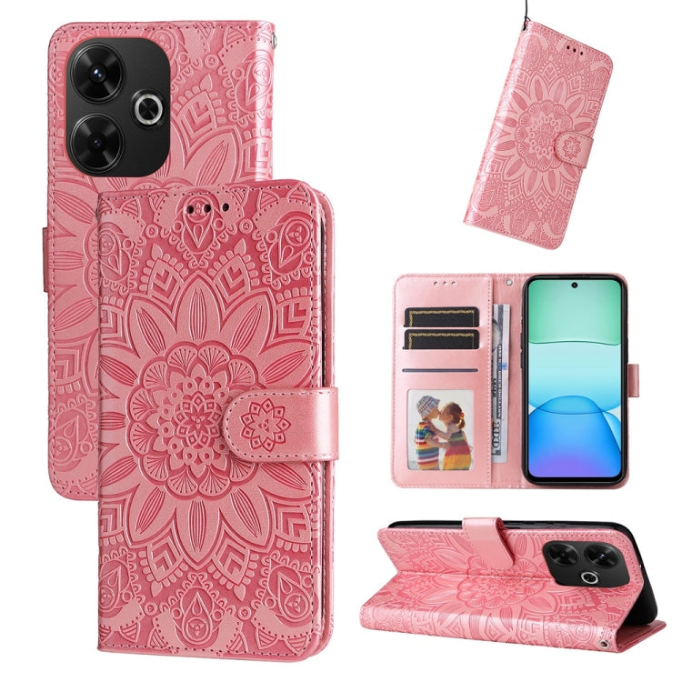 Pink embossed sunflower leather flip phone case with card slots and camera cutout