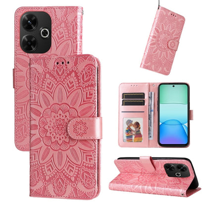 Pink embossed sunflower leather flip phone case with card slots and camera cutout