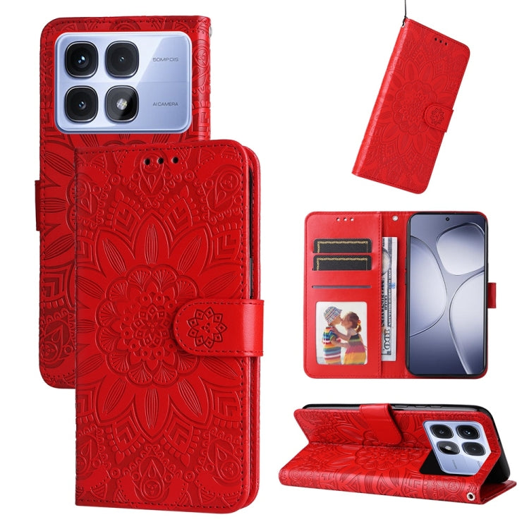 Sunflower-embossed leather phone case, red folio wallet with card slots and stand
