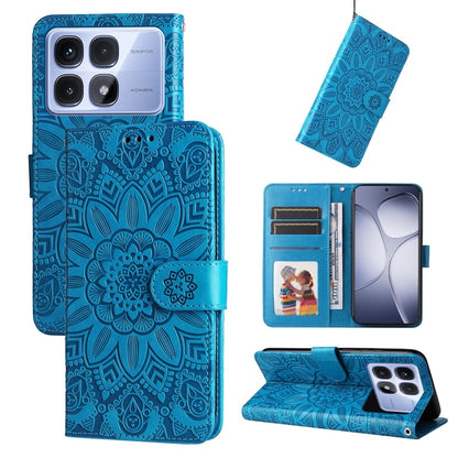 Sunflower-embossed leather phone case, blue folio wallet with card slots and stand
