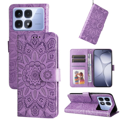 Sunflower-embossed leather phone case, lilac purple folio with card slots and stand