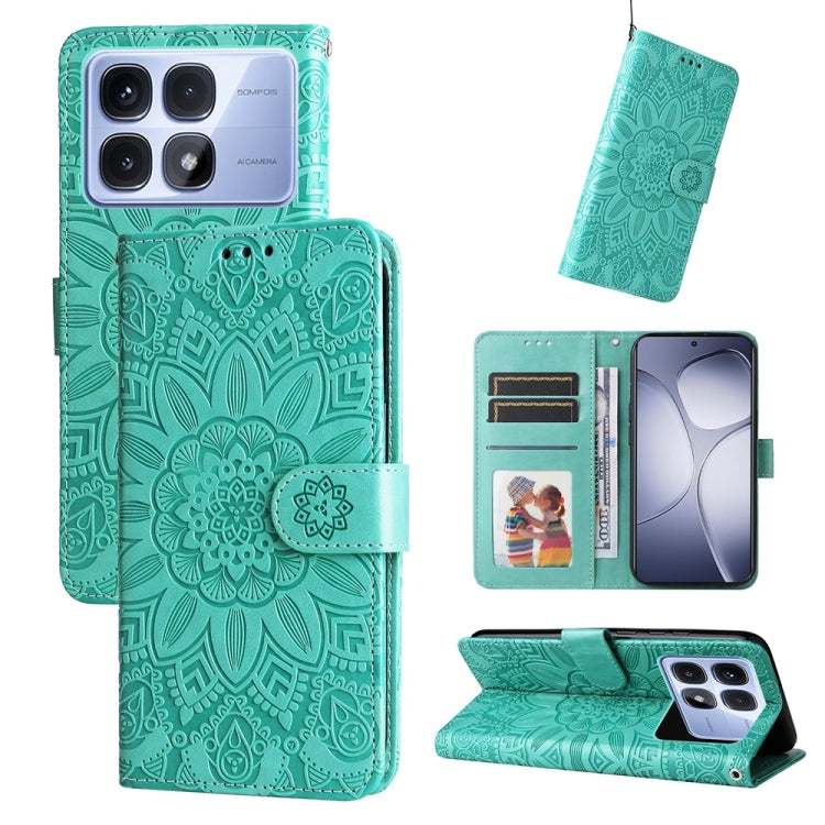 Sunflower-embossed leather phone case, teal green folio with card slots and stand