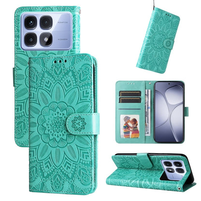 Sunflower-embossed leather phone case, teal green folio with card slots and stand