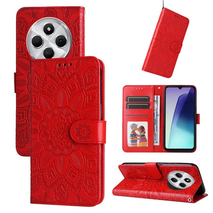Red wallet phone case with embossed sunflower pattern, card slots, and kickstand