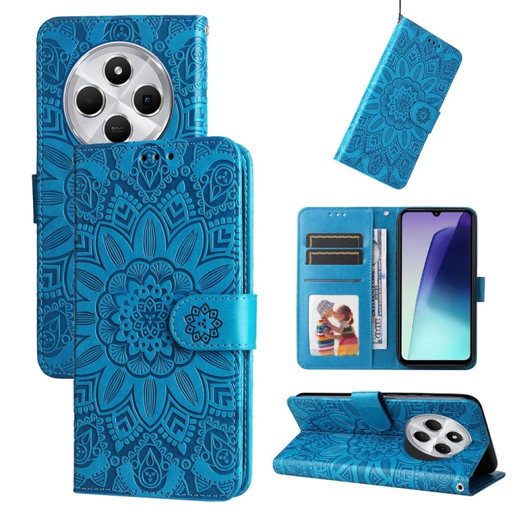 Blue wallet phone case with embossed sunflower pattern, card slots, and stand