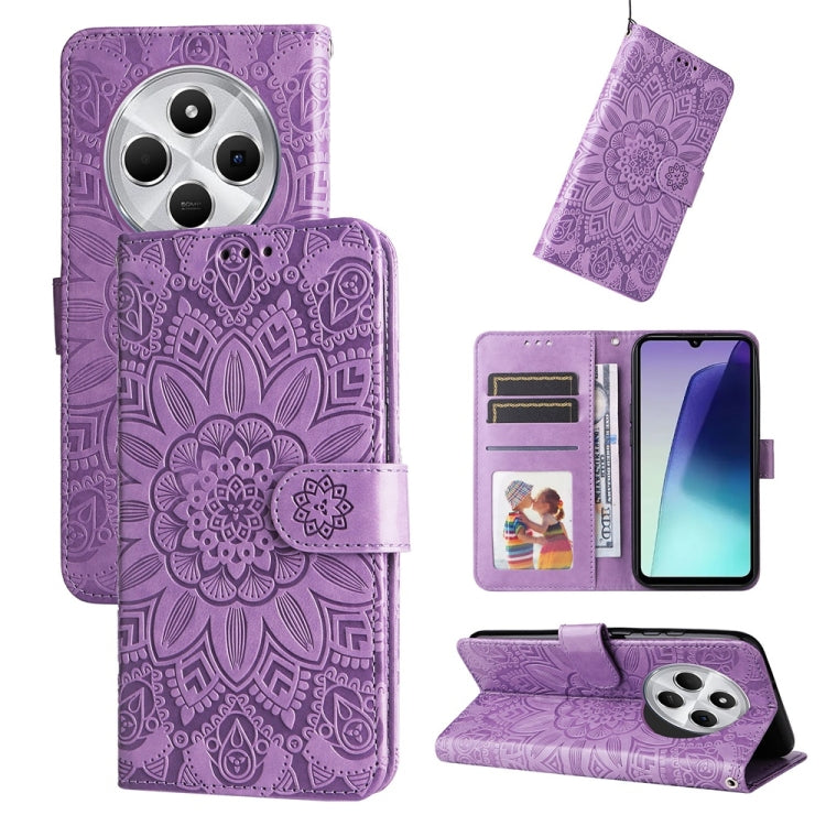 Purple wallet-style phone case with embossed sunflower pattern, card slots, and stand