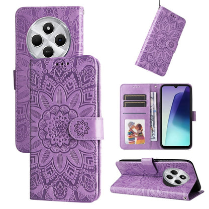 Purple wallet-style phone case with embossed sunflower pattern, card slots, and stand