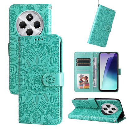 Teal green wallet-style phone case with embossed sunflower pattern, card slots, and stand