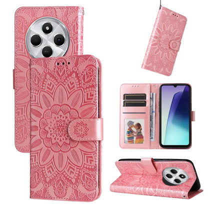 Sunflower-embossed leather phone case, rose pink folio with card slots and stand