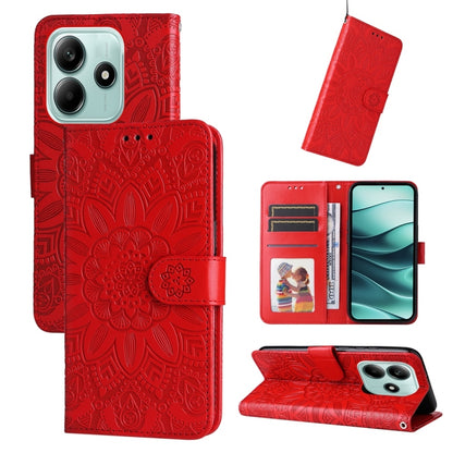 Red embossed sunflower leather-style wallet phone case with folio stand and card slots