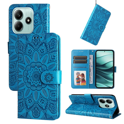 Blue embossed sunflower leather-style wallet phone case with folio stand and card slots