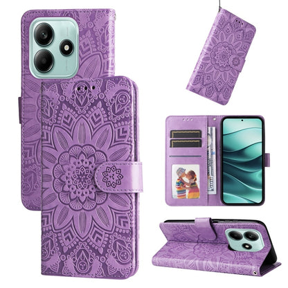 Purple embossed sunflower leather-style wallet phone case with folio stand and card slots