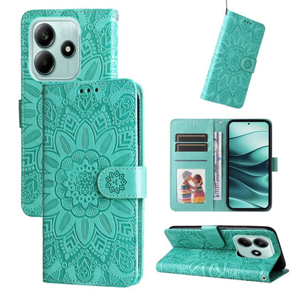 Green embossed sunflower leather-style wallet phone case with folio stand and card slots