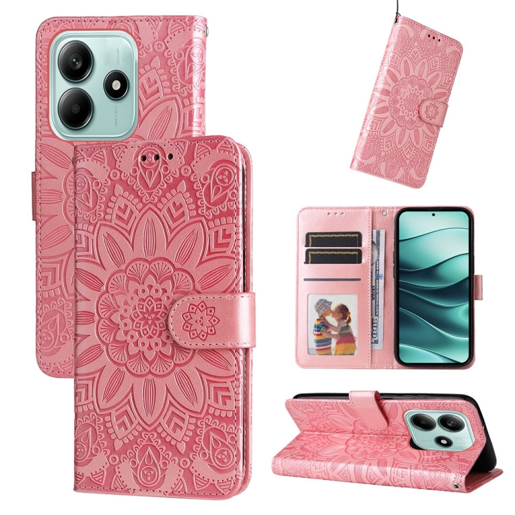 Pink folio phone case with embossed sunflower pattern, card slots, and stand