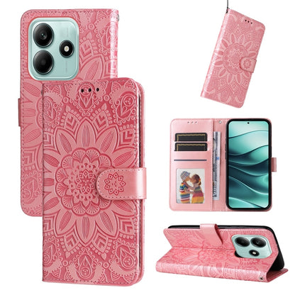 Pink folio phone case with embossed sunflower pattern, card slots, and stand
