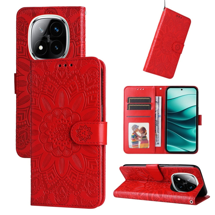 Red folio phone case with embossed sunflower pattern, card slots, and flip cover