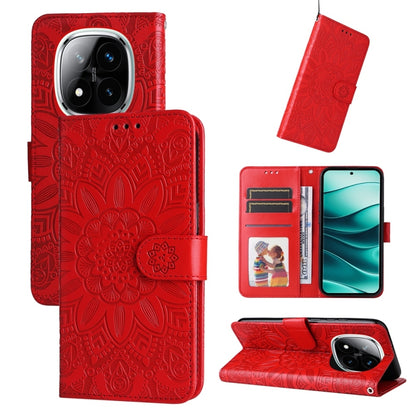 Red folio phone case with embossed sunflower pattern, card slots, and flip cover
