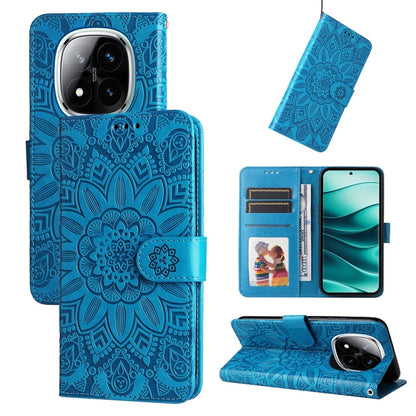 Blue folio phone case with embossed sunflower pattern, card slots, and kickstand