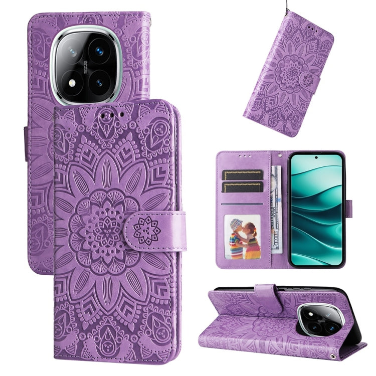 Purple folio phone case with embossed sunflower pattern, card slots, and stand