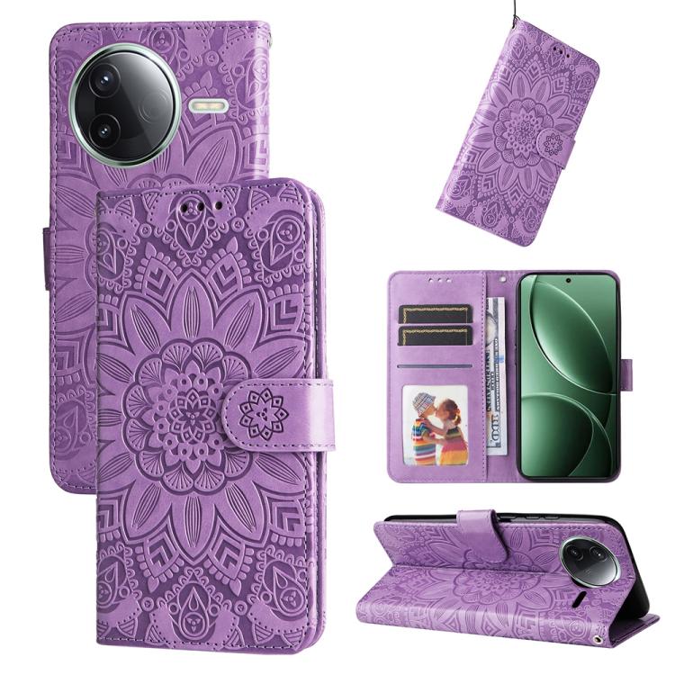 Purple embossed sunflower leather folio phone case with card slots and magnetic closure