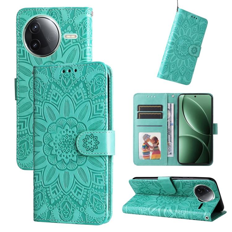 Teal green embossed sunflower leather folio phone case with card slots and stand