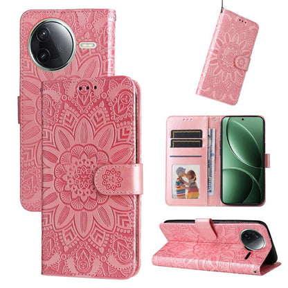 Pink embossed sunflower leather-style wallet phone case with folio stand and card slots
