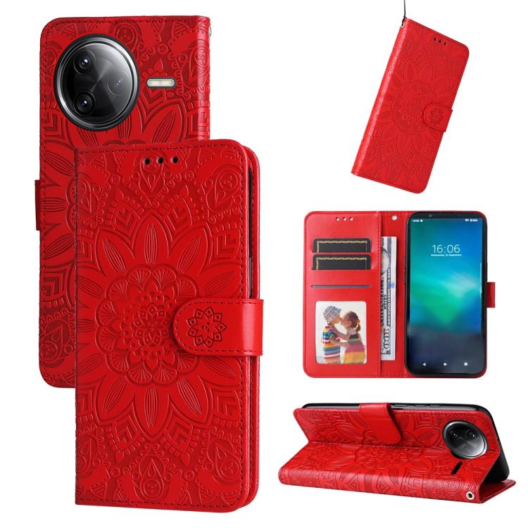 Red embossed sunflower leather phone case with folio wallet, card slots, and magnetic strap