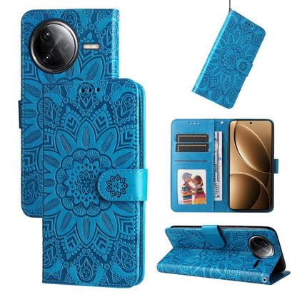 Blue embossed sunflower leather phone case with folio wallet, card slots, and stand feature