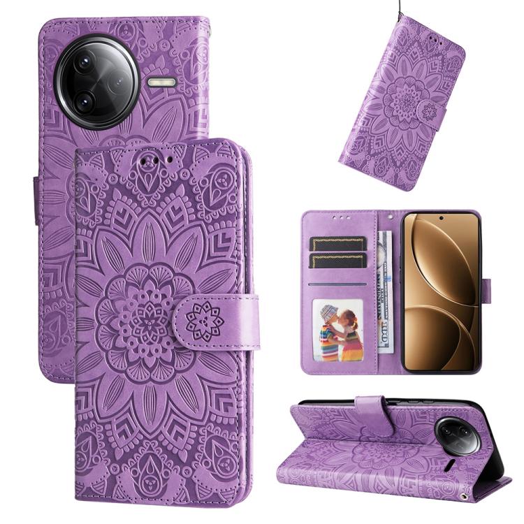 Purple embossed sunflower leather phone case with folio wallet, card slots, and magnetic closure