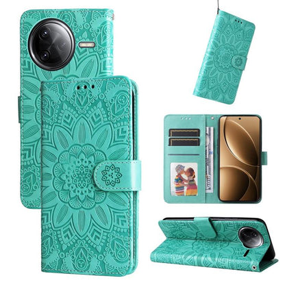 Teal green embossed sunflower leather phone case with folio wallet, card slots, and stand