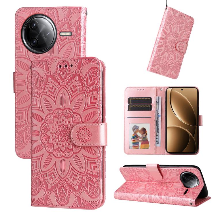 Rose pink embossed sunflower leather phone case with folio design, card slots, and viewing stand