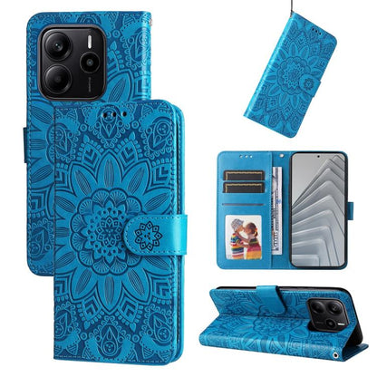 Blue embossed sunflower leather-style wallet phone case with folio stand and card slots